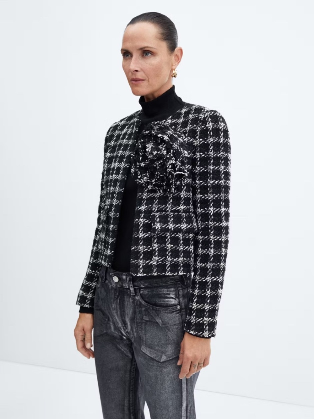 Mango Black White Tweed Jacket Floral Appliqué